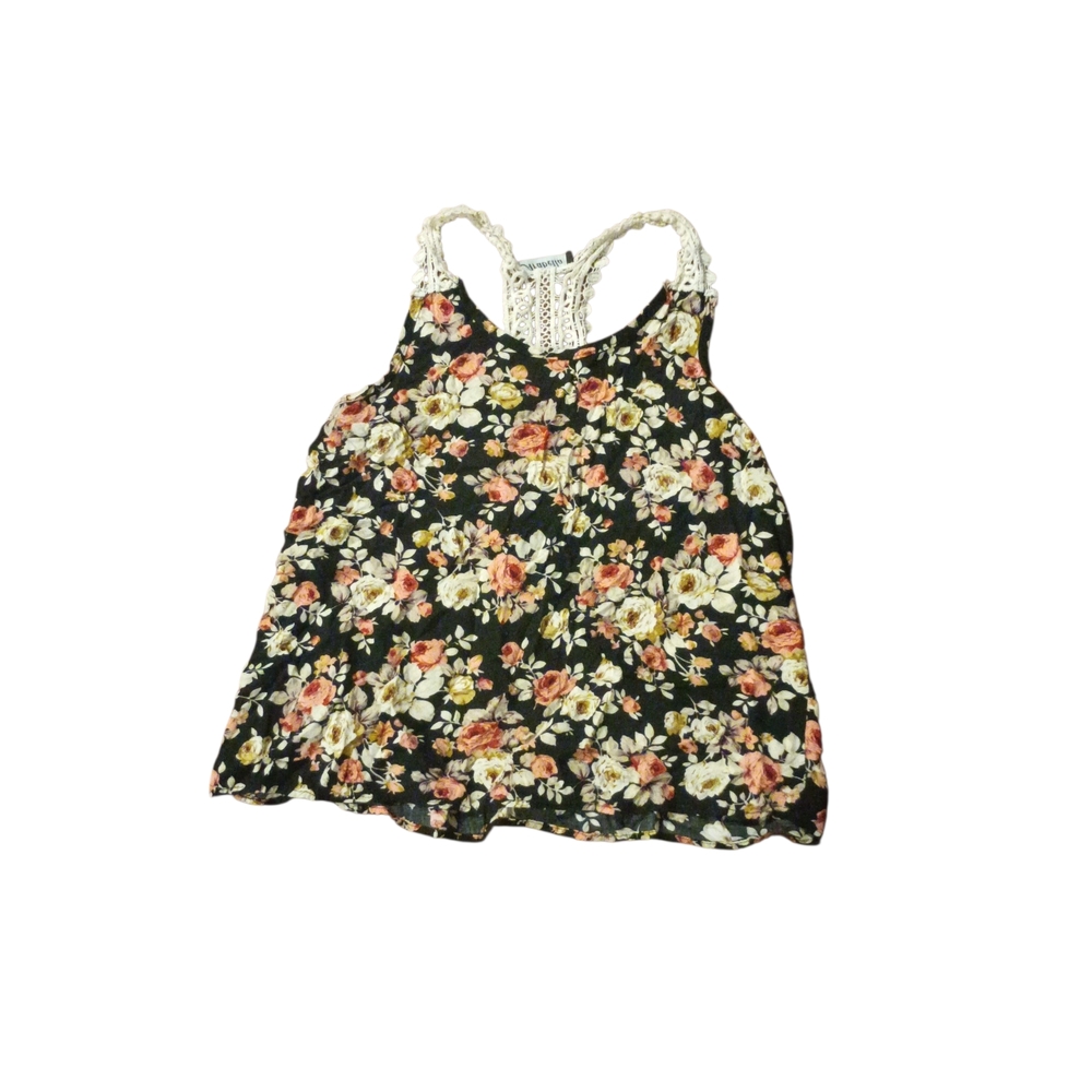 Aribella sz lg/xl Cloral Crochet Back Tank Top - Black with Pink & Cream Flowers